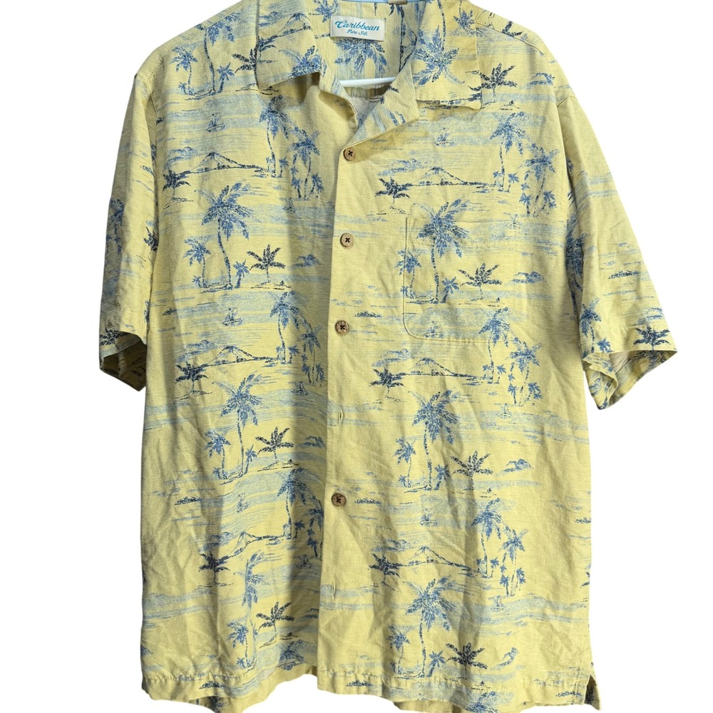 Caribbean Pure Silk Mens Large Yellow Blue Tropical Palm Tree Camp Shirt RN58909